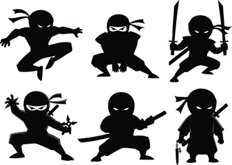 Ninja silhouettes in combat poses, martial arts warriors with weapons, Japanese stealth fighters icons, action design flat vector