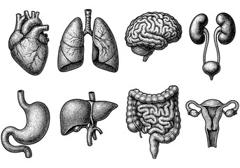 Anatomical organs collection in detailed vintage engraving style for educational use