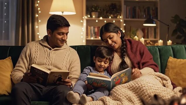 Joyful Indian Family Reading Books on a Cozy Sofa, Enjoying a Peaceful Evening Together with Warm Ambient Lighting