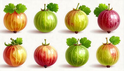 Digitally created collection of eight round fruits with varying colors, stems, and leafy accents on white