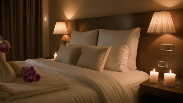 A smooth side-angle tracking shot revealing a king-size honeymoon bed adorned with orchids, towel swans, and candlelit ambience. Gentle light leaks add a premium romantic cinematic feel