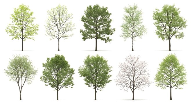 Diverse deciduous tree collection, isolated on white background.