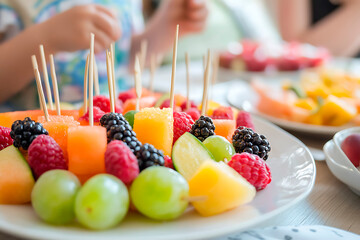 Fresh fruit kebabs featuring melon, raspberries, blackberries, and grapes, arranged on a white plate for healthy snacking