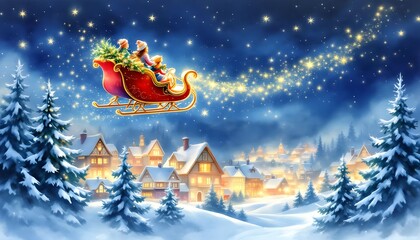 Naklejka premium Sleigh ride through a magical winter village during Christmas night under a starlit sky Generative AI