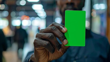 African American businessman holding a vertical green screen card for mock-up, suitable for digital payment or ID - Powered by Adobe