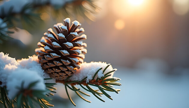 Pine cone covered with snow on a winter spruce branch at sunrise. - Powered by Adobe