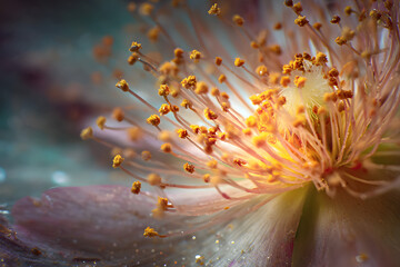 extreme macro petals and pollen forming an intricate organic border with a soft blurred center for text