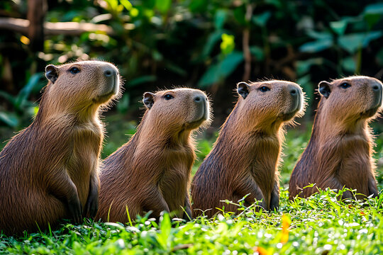 Capybaras, the largest rodent, sitting upright and looking forward, exhibiting their social and curious nature in a natural setting