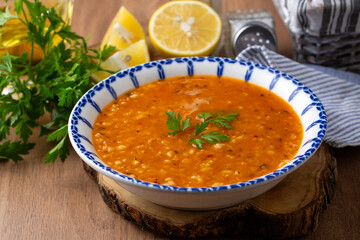Traditional delicious Turkish foods; Ezogelin soup