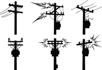 Flat vector illustration of utility poles with sparks, broken wires, transformers, electrical hazards, urban power infrastructure