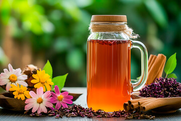 Fototapeta premium Kombucha drink with berries and herbal ingredients promoting wellness, healthy lifestyle, and natural immune support