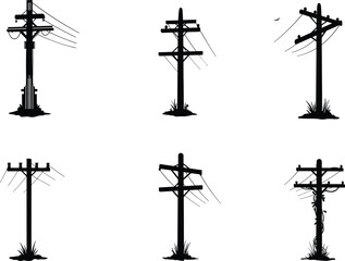 Flat vector illustration of utility poles with transformers, insulators, wires, bird, vegetation, urban infrastructure silhouette