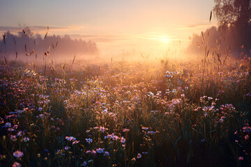 flower meadow glowing in warm sunrise light with soft mist and gentle rays creating a calm cinematic spring atmosphere