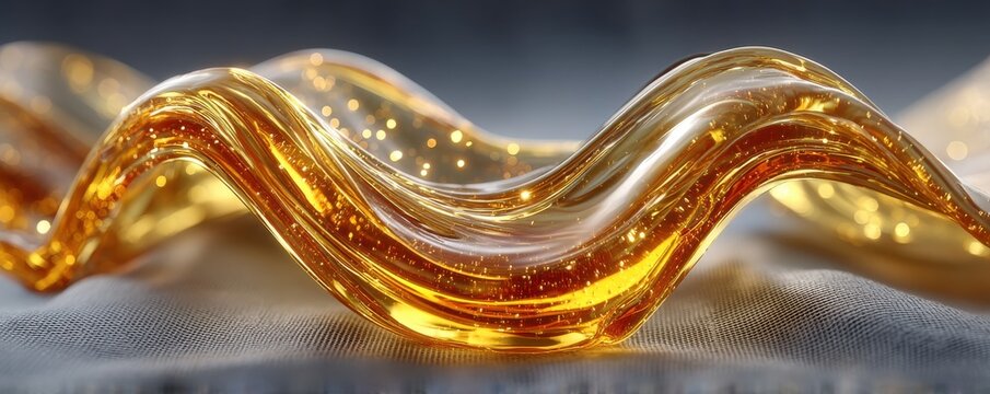 Close-up of golden oil waves with smooth curves and shimmering light, artistic texture