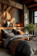 Fototapeta premium Cozy rustic bedroom with wood paneling, warm lighting, and soft bedding for a tranquil, relaxing retreat