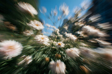 flowers moving softly in the breeze with natural motion blur and a bright open space in the middle