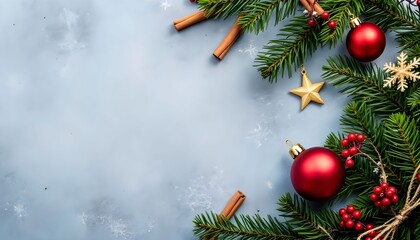 Beautiful arrangement of Christmas decorations with red ornaments, cinnamon sticks, and greenery on a light blue background during the festive season Generative AI