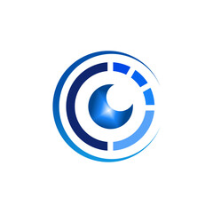 Abstract blue eye logo with concentric circles and segmented outer ring.