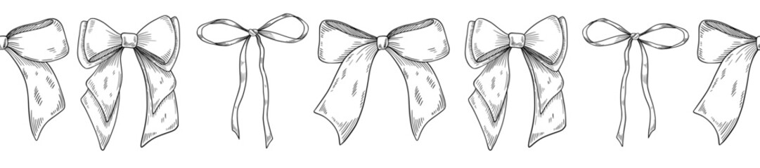 Vector Bow seamless border painted in linear style. Outline drawing of pattern with tied Ribbons. Etching of banner for Birthday greeting cards or Christmas invitations. Engraving for party banner.