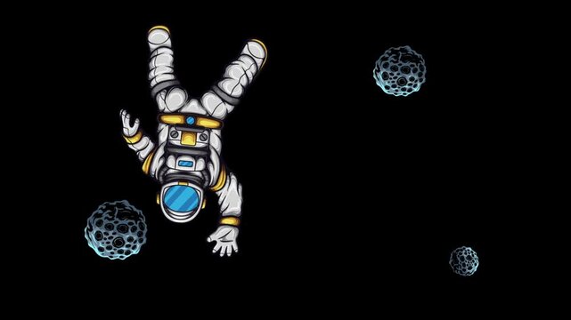 an astronaut floating in space with some asteroids