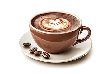 Warm mocha coffee cup presenting foam latte art heart, accompanied by coffee beans on a white saucer