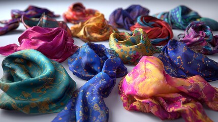 Stack of Elegant Scarves with Gold Designs on Red, White and Black Backgrounds, Luxury Fabrics