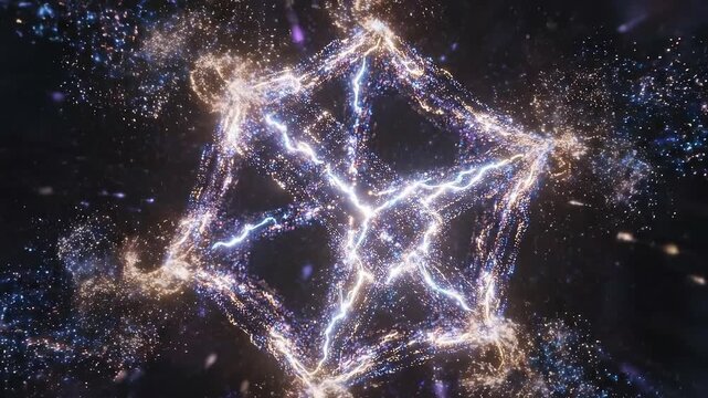 Abstract animation of nano-particles constructing a complex structure at microscopic level, glowing motion
