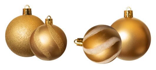 group of four shiny golden christmas baubles isolated on a transparent background, featuring textured and smooth surfaces for holiday projects.