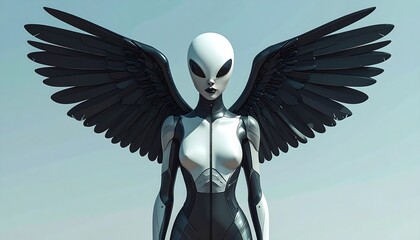 Futuristic humanoid with avian wings against a minimalist backdrop