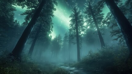 Mysterious Forest with Fog and Dancing Lights at Night