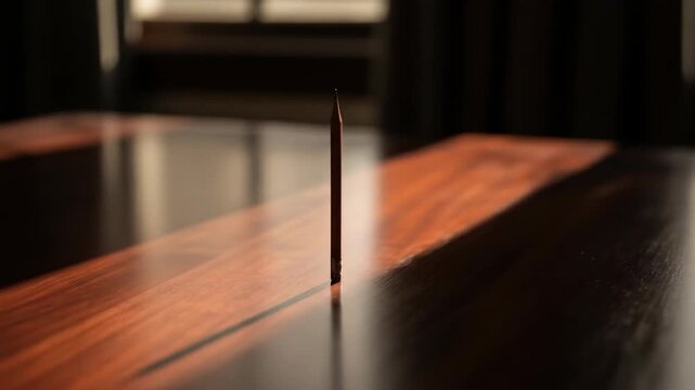 Pencil standing upright on a wooden table in beam of light. Back to school, education concept. Table, desk, pencil and shadow.