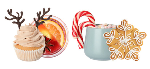 festive arrangement of christmas treats including a reindeer antler cupcake, warm spiced beverage, hot chocolate with marshmallows, and a snowflake gingerbread cookie.