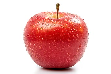 Fresh red apple covered in glistening water droplets, symbolizing health, diet, and natural freshness on a white background