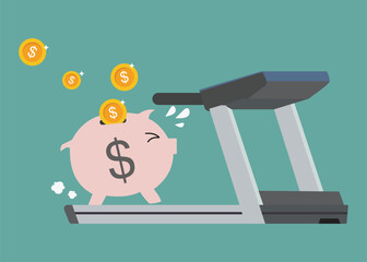 piggy bank running on a treadmill. running until exhausted to save