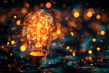 Light bulb with a glowing digital network inside, symbolizing abstract concepts of innovation, ideas, and technological breakthroughs