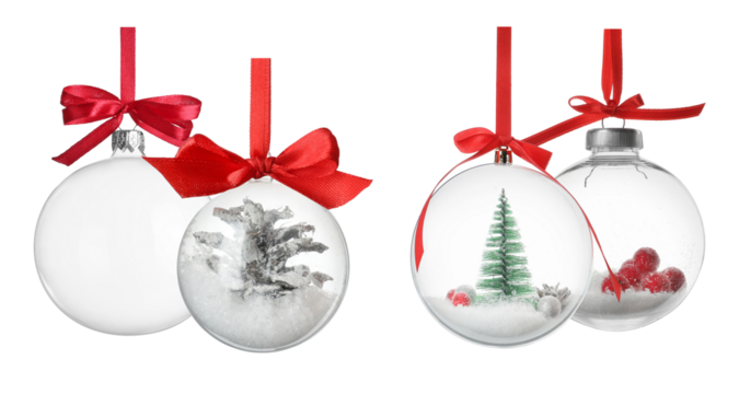 set of four clear glass christmas baubles decorated with festive red ribbons, two filled with miniature snowy scenes featuring pinecones and tiny trees.