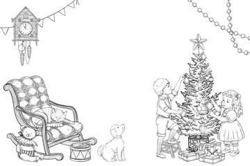 Vector Christmas card with fir tree, kids, cat, dog, and holiday decorations. Linear illustration of vintage Template for Xmas greeting cards or New Year invitations. Outline art for festival posters.
