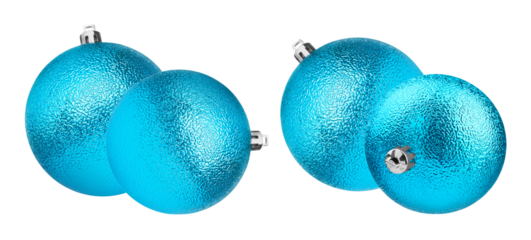 close-up photograph presenting two pairs of bright, vibrant turquoise blue christmas ornaments featuring a highly textured, reflective surface, isolated against a pure transparent background.