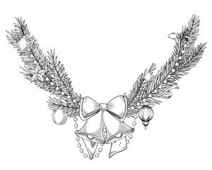 Vector illustration with spruce branches, bells, and ornaments forming a Christmas wreath. Linear drawing of Xmas template for festive borders and vintage greeting cards. Etching of outline frame.