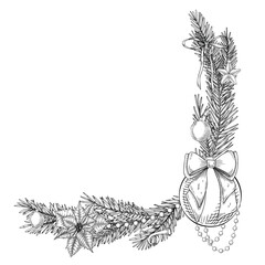 Vector illustration with spruce branches, poinsettia, ornaments, and beads forming Christmas corner wreath. Linear drawing of round Template for festive greeting cards or New Year invitations.
