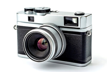 Vintage analog camera with a silver body and a prominent lens, reflecting the art of old-school photography and classic style
