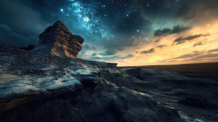 Stunning night sky over rocky landscape with vibrant colors and stars shining bright, a peaceful and beautiful natural scene.