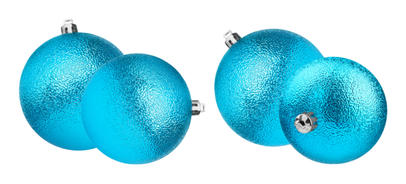 close-up photograph presenting two pairs of bright, vibrant turquoise blue christmas ornaments featuring a highly textured, reflective surface, isolated against a pure transparent background.