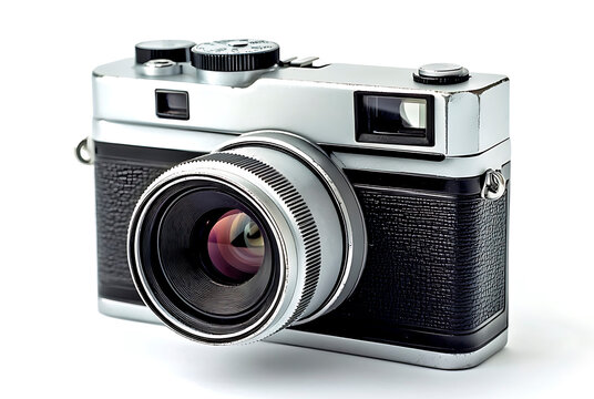 Vintage analog camera with a silver body and a prominent lens, reflecting the art of old-school photography and classic style