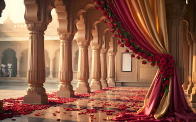 Cinematic Bollywood Stone Archway with Red Roses and Golden Silk Curtains Backdrop