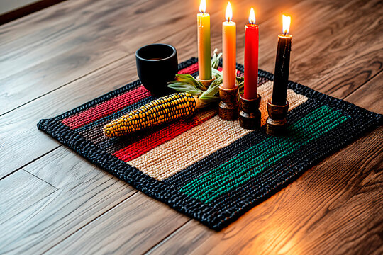Kwanzaa traditional symbols, including lighting candles, unity cup, and corn, arranged on a woven striped mat
