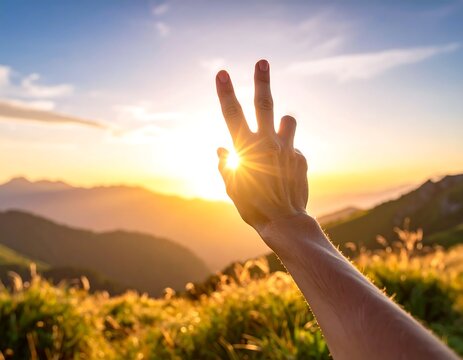Hand making peace sign against a stunning mountain sunset - Powered by Adobe