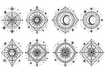 Intricate celestial designs featuring sun and moon in geometric patterns