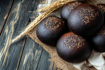 A rustic wooden table adorned with a burlap cloth, upon which rests a trio of freshly baked bread rolls, their dark hue speckled with grains of sesame seeds, evoking a sense of warmth and comfort.