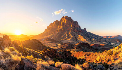 Sunrise on Jagged Desert Mountain with Rolling Terrain for Digital and Editorial Use  